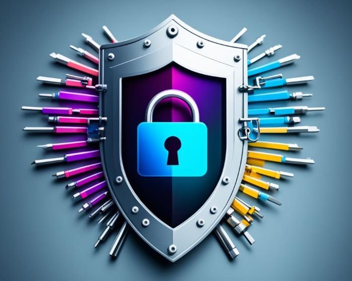 A shield with a lock, representing the importance of a strong privacy policy for end of tenancy cleaning services to protect personal data and ensure confidentiality.