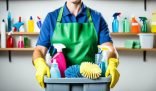 Professional end of tenancy cleaner holding a bin with cleaning supplies
