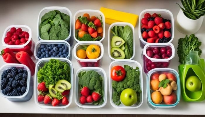 Fresh fruits and vegetables organized in plastic containers, emphasizing the importance of maintaining food freshness by arranging items with shorter shelf lives at the front and longer expiry dates at the back in the fridge.