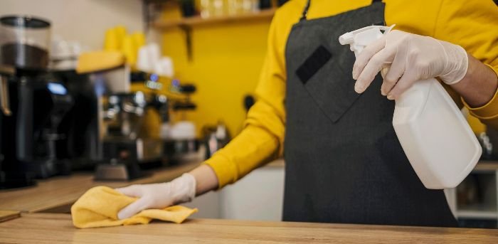 A professional cleaner wearing gloves and meticulously cleaning a surface, symbolizing Samyx Cleaning's commitment to excellence in end of tenancy cleaning services.