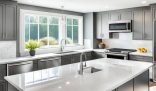 A spotless modern kitchen with grey cabinets and clean white countertops, exemplifying the results of professional end of tenancy cleaning in London.