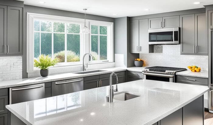 A spotless modern kitchen with grey cabinets and clean white countertops, exemplifying the results of professional end of tenancy cleaning in London.