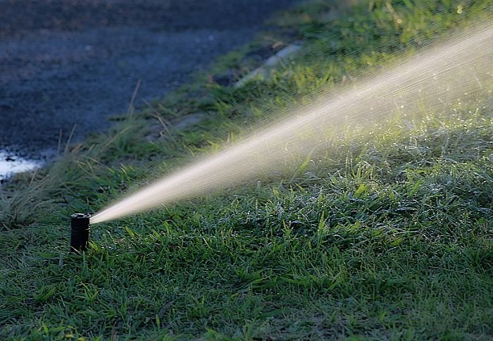 Irrigation system watering a lawn, highlighting the benefits of water features and irrigation systems in gardens.