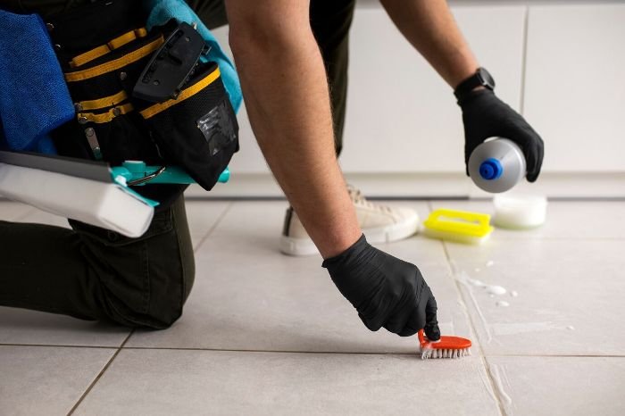 A person cleaning grout lines on tiled floors with a small brush and cleaner, demonstrating best practices for maintaining tiled and grouted floors.