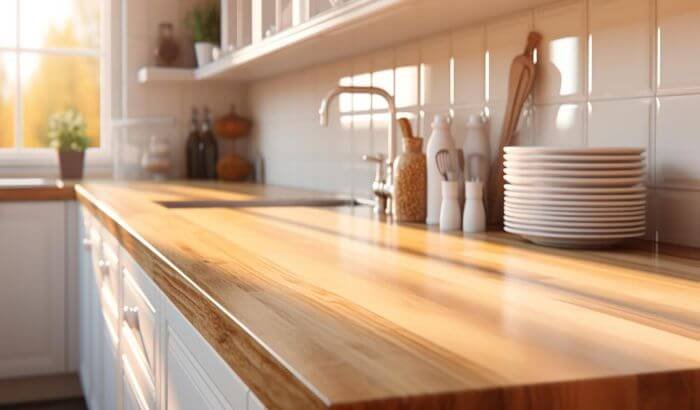 Sunny kitchen with clean and clutter-free wooden countertops in London home