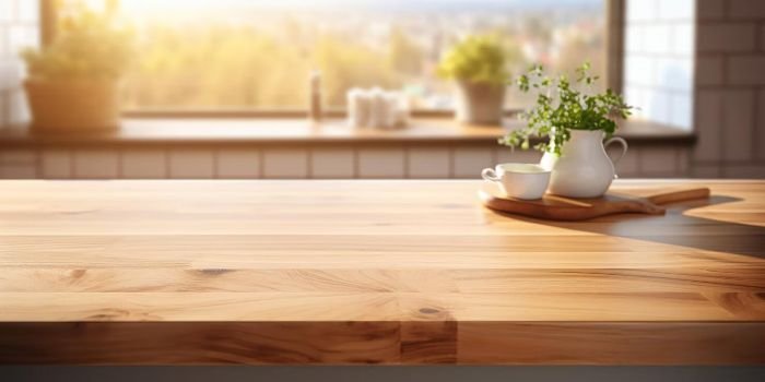 Sunlit kitchen with uncluttered wooden countertops and decorative plants, promoting a clean and organized space in London