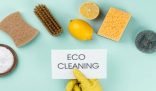 Assortment of natural cleaning products and a hand holding a 'ECO CLEANING' sign on a teal background to illustrate eco-friendly cleaning methods