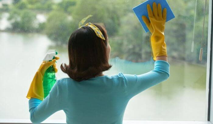 Woman cleaning a window with homemade glass cleaner, using a spray bottle and cloth, demonstrating a child-safe and eco-friendly cleaning method for spotless windows.