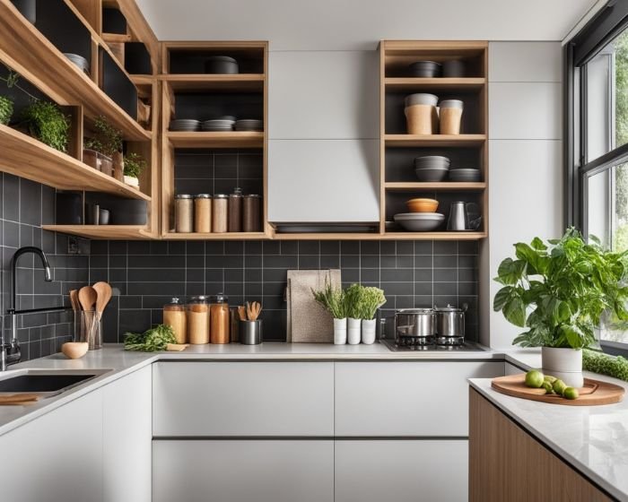 Modern London kitchen featuring organized wooden shelves with baskets and trays for efficient storage of kitchen essentials
