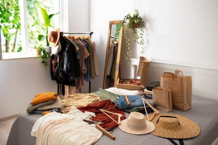 A bedroom with clothes and accessories spread on a bed, with a clothing rack and mirror in the background, illustrating the process of organizing a wardrobe for warmer weather.