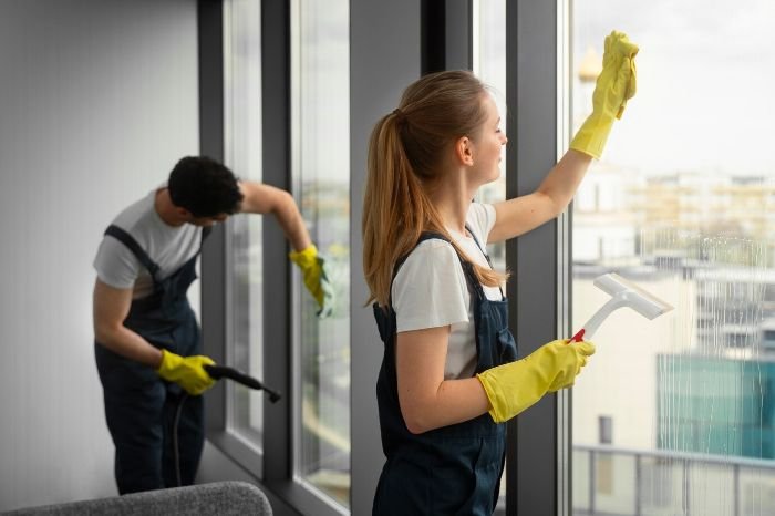 Two professional cleaners using yellow gloves while cleaning windows in a home, demonstrating safe cleaning practices.