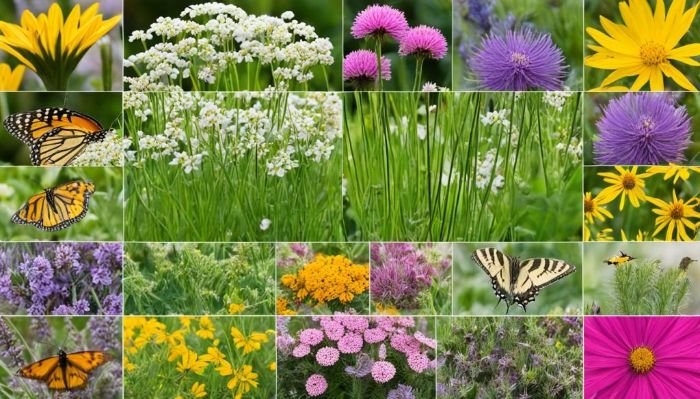 A collage of seasonal plants and flowers that provide year-round food supply for wildlife, featuring various blooms and butterflies.