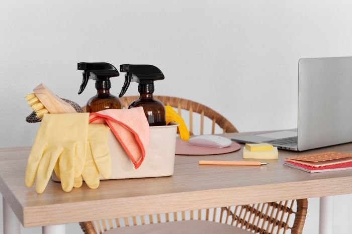 Eco-friendly cleaning supplies on a desk, including spray bottles, gloves, and brushes, highlighting safer home cleaning options in the UK.