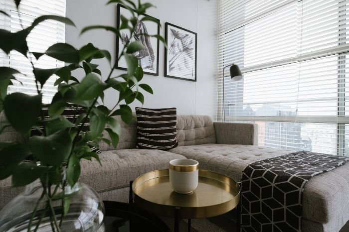 Modern living room with a cozy sofa, stylish rug, and coffee table, emphasizing the importance of cleaning carpets, rugs, and upholstery for a healthier home.