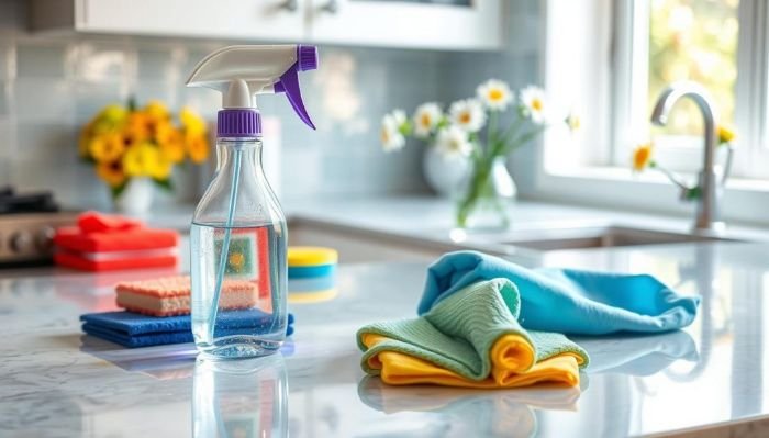 All-purpose cleaner with cleaning cloths and sponges on a kitchen counter, ready for use in a step-by-step cleaning process.