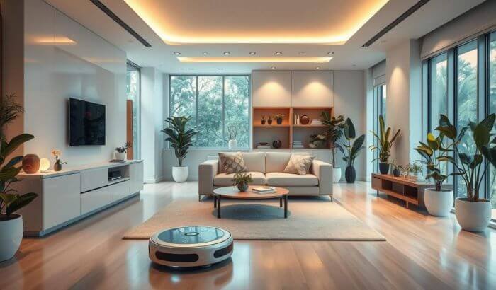 Modern living room with a robotic vacuum cleaner, representing the future of domestic cleaning with smart technology and automation.