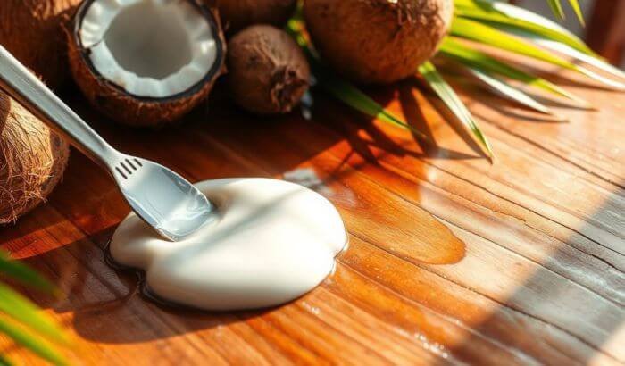 Coconut oil used to polish wood surfaces, offering a natural shine solution for eco-friendly home care.