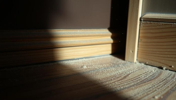 Dust and dirt build-up along a skirting board in a room, showing the need for regular cleaning, especially during end of tenancy.