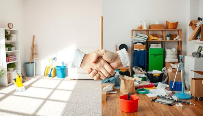 Visual representation of mediation strategies for landlords and tenants with a handshake over contrasting clean and cluttered rooms.