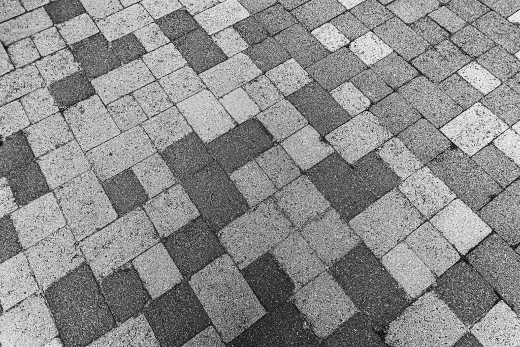 Black-and-white close-up of a clean paved driveway, emphasizing the importance of professional driveway and patio cleaning services for removing tough stains and ensuring surface safety.