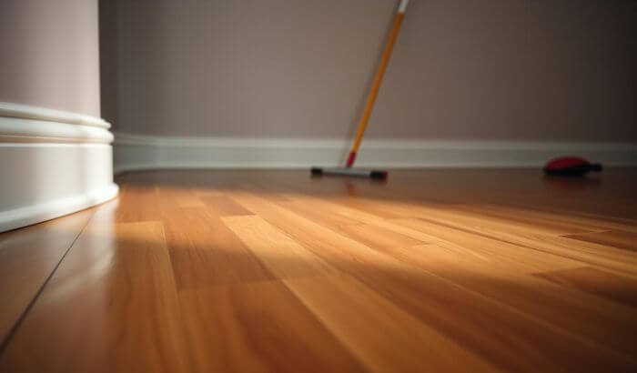 Clean skirting board and hardwood floor during end of tenancy cleaning with a mop in the background.
