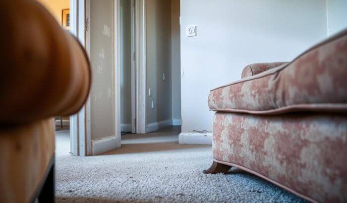Close-up view of a carpeted room with furniture, illustrating the difference between normal wear and tear and potential damage from a landlord’s perspective.