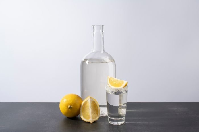 White vinegar bottle with lemons used as a natural disinfectant and deodorizer for effective cleaning.