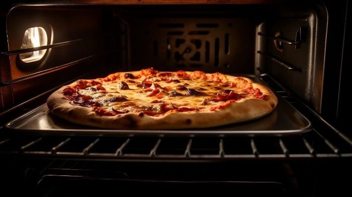 Freshly baked pizza in a clean oven, demonstrating how a grease-free oven improves cooking efficiency, ensures even heating, and reduces energy usage.