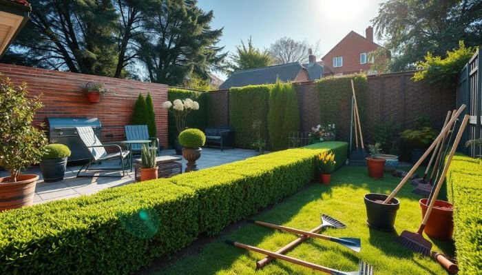 A tidy garden with tools laid out, ready for clearing leaves, debris, and litter, illustrating the importance of maintaining a clean and organized outdoor space for end-of-tenancy preparation.