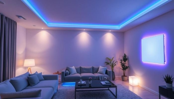 Modern living room with smart lighting system, featuring adjustable LED lights in various colors to enhance visibility for cleaning.