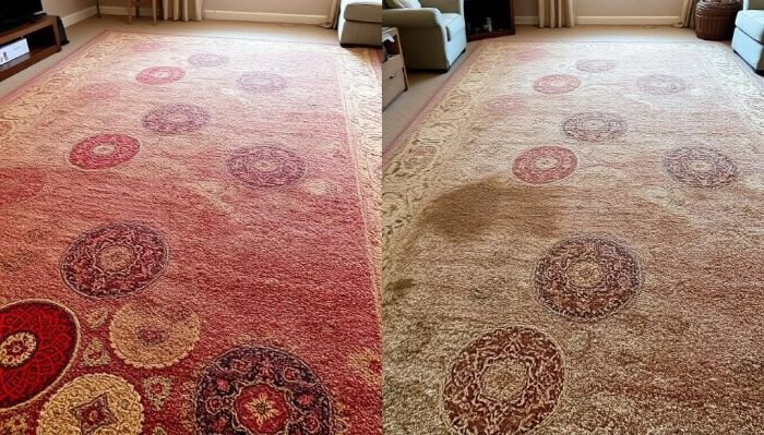 Side-by-side comparison of a clean and dirty patterned carpet, highlighting how regular cleaning prevents fading, discoloration, and premature aging of fibers.