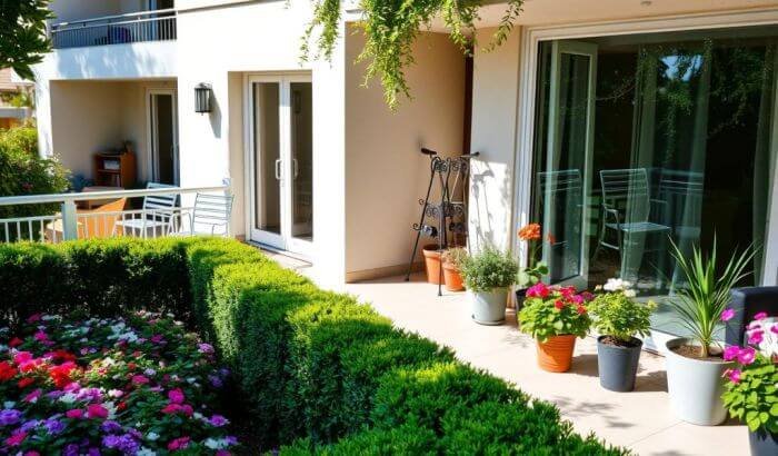 Well-maintained garden and balcony with potted plants and patio furniture, showcasing an organized outdoor space ideal for end-of-tenancy cleaning in gardens and balconies.