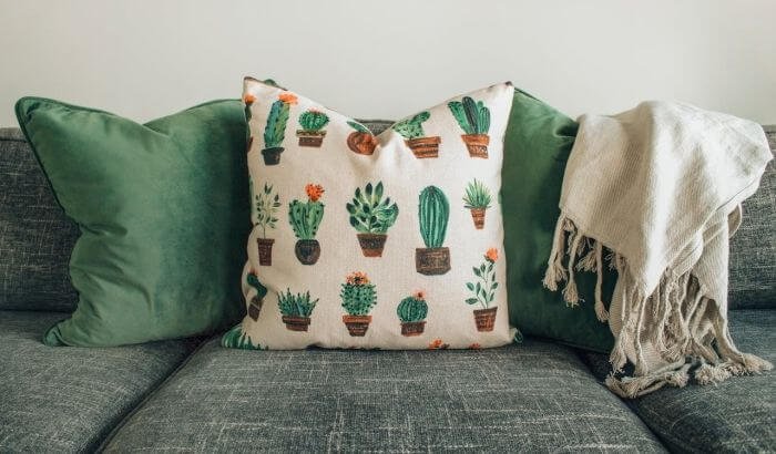 Cozy sofa with green pillows and a cactus-themed cushion, illustrating a clean and comfortable living space