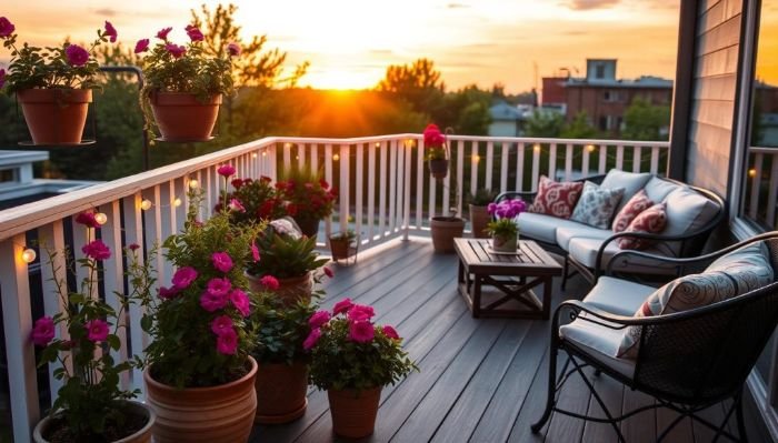 A beautifully arranged balcony with clean outdoor furniture, potted plants, and sunset views, illustrating the importance of washing outdoor furniture and fixtures to maintain a fresh and inviting space.