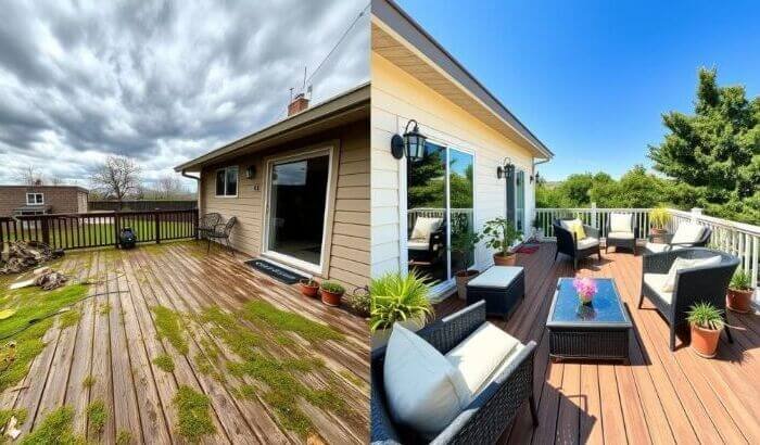 Side-by-side comparison of a dirty, moss-covered deck and a clean, well-maintained patio with furniture, illustrating the importance of regular outdoor cleaning.