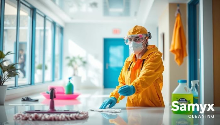 Professional cleaner in protective gear using eco-friendly cleaning products in a bright, modern space, highlighting the importance of environmentally safe cleaning practices.