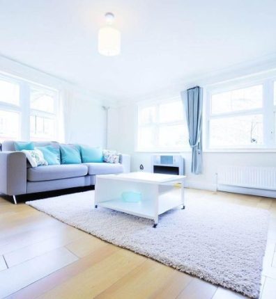 Bright and clean living room after end of tenancy cleaning in Pimlico, SW1. Featuring a cozy sofa, clean white rug, and natural light through large windows.
