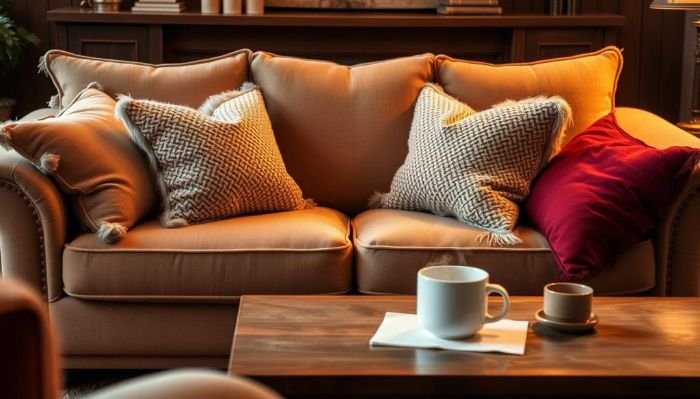Cozy sofa with decorative pillows and a coffee table in a warm living room, emphasizing the importance of regular upholstery cleaning to remove lingering odors and maintain a fresh-smelling home.