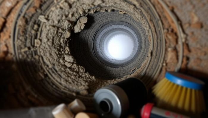 Close-up view of a dusty air duct with accumulated debris, illustrating the need for regular cleaning to prevent lingering odours and improve indoor air quality.