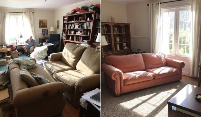 Side-by-side comparison of a living room before and after cleaning, showcasing how upholstery cleaning transforms a cluttered and dull space into a bright and fresh environment.