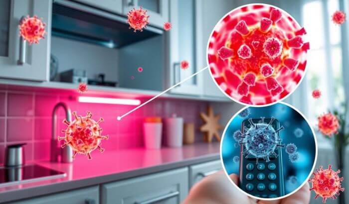 Illustration highlighting hidden germ hotspots in the home, including close-ups of bacteria and viruses on surfaces like countertops and remote controls, emphasizing the need for thorough cleaning practices.