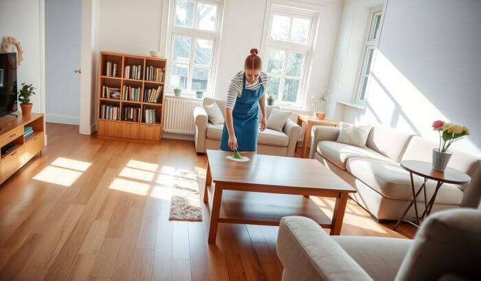 A professional cleaner wiping a coffee table in a bright, tidy living room, representing different types of cleaning services.