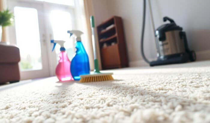 Close-up of a clean carpet with cleaning supplies, including spray bottles, a brush, and a vacuum, emphasizing DIY carpet maintenance between professional cleanings.