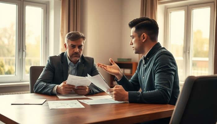 A tenant discussing paperwork with a landlord, illustrating the importance of documenting the property's condition for end of tenancy cleaning disputes.
