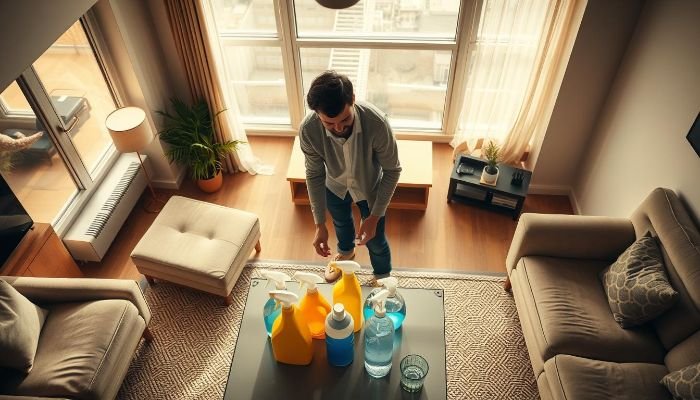 A tenant preparing cleaning supplies in a well-lit apartment, illustrating essential pre-inspection cleaning tips to ensure a spotless property before moving out.