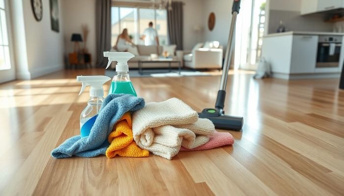 Cleaning supplies on a shiny wooden floor with tenants in the background, illustrating the differing cleanliness standards between tenants and landlords during end of tenancy inspections.