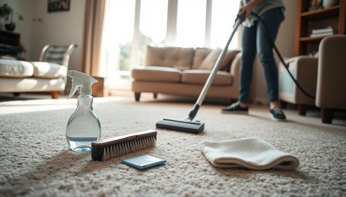 Person vacuuming a carpet with cleaning supplies, including a spray bottle, brush, and cloth, highlighting weekly deep-cleaning practices for maintaining carpets.