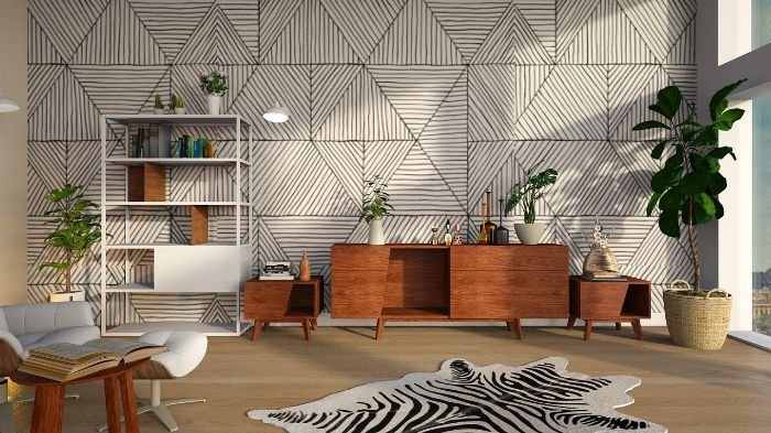 Modern living room with wooden furniture, geometric wall design, and a zebra rug, emphasizing the importance of choosing the right carpet cleaning tools and products.