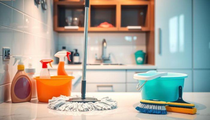 One-Off Deep Cleaning - Transform Your Home in a Single Session 4 Cleaning supplies including mop, buckets, and sprays on a kitchen counter ready for a one-off deep clean.