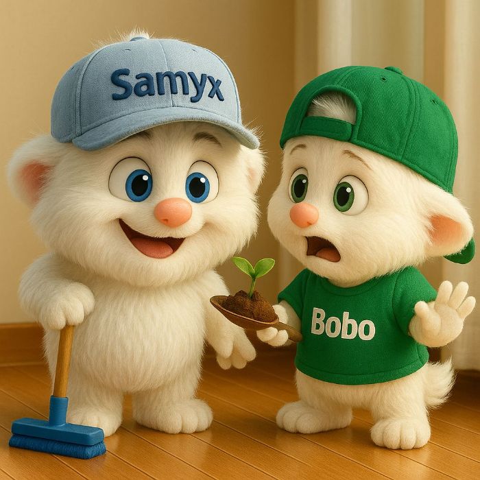 Celebrating 10 Years of Samyx - A Journey of Trust, Growth, and Dedication 9 Samyx and Bobo characters representing cleaning and gardening services, symbolizing care and growth.